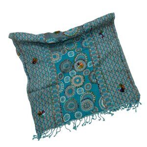 Boho Wool & Mix Turquoise Scarf with Fringe made in Nepal